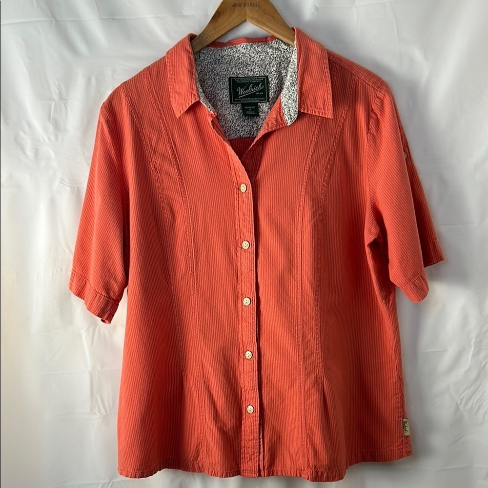 Woolrich Women’s Organic Cotton Button Front Shirt XL Orange Short Sleeve Hiking
